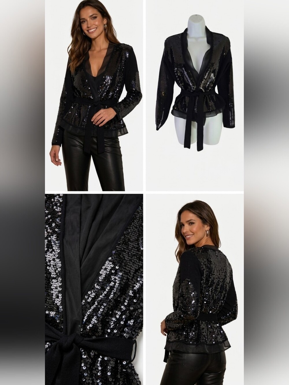 BCBG MAXAZRIA Sequin merino wool cardigan sweater belt jacket size S - Picture 3 of 14